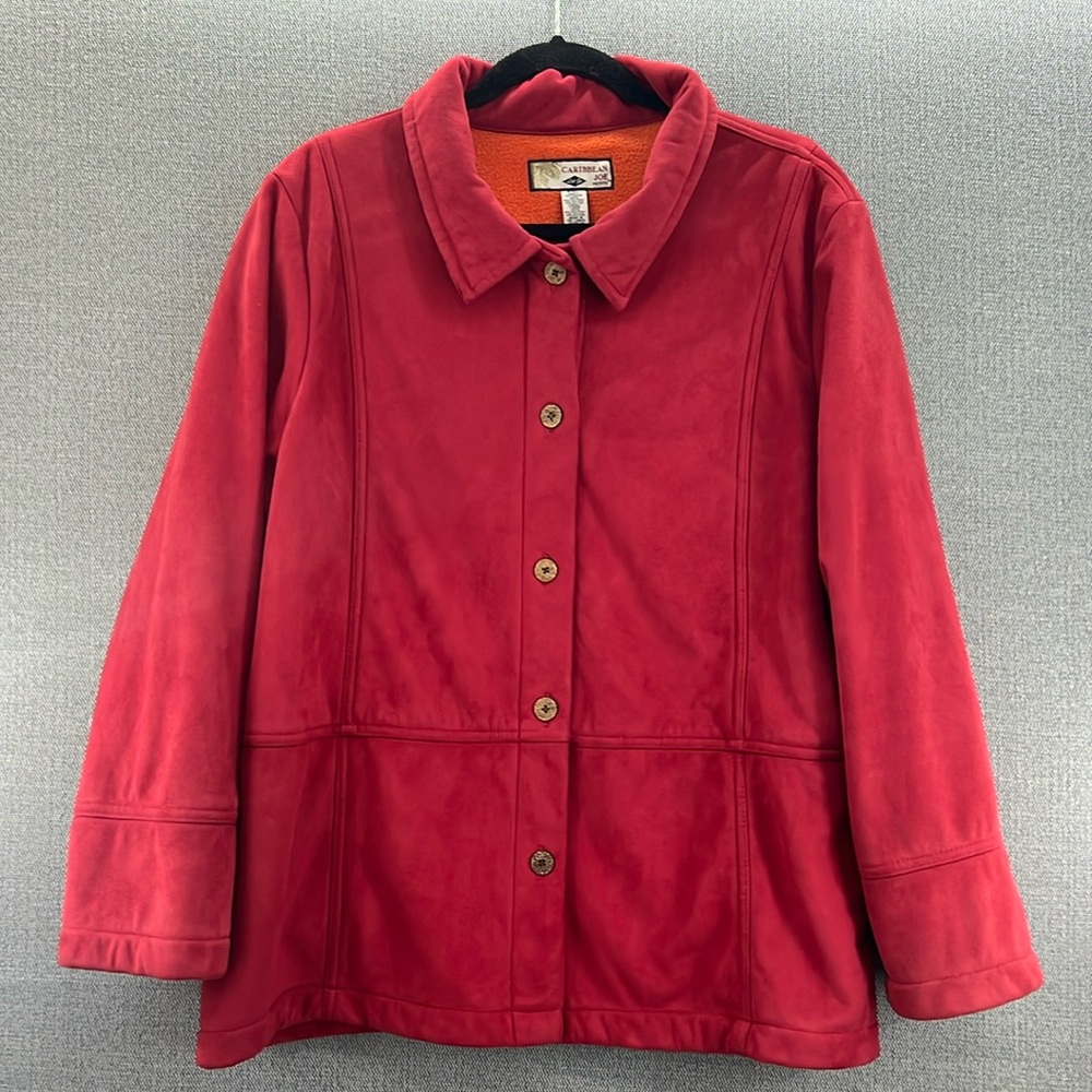 Caribb Joe Women’s Red Faux Suede Fleece Lined Button Up Jacket Coat‎ Size PXL